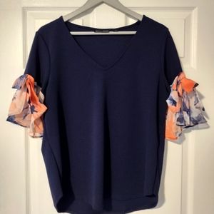 New York & Co Navy Blue Blouse with Bow Detail